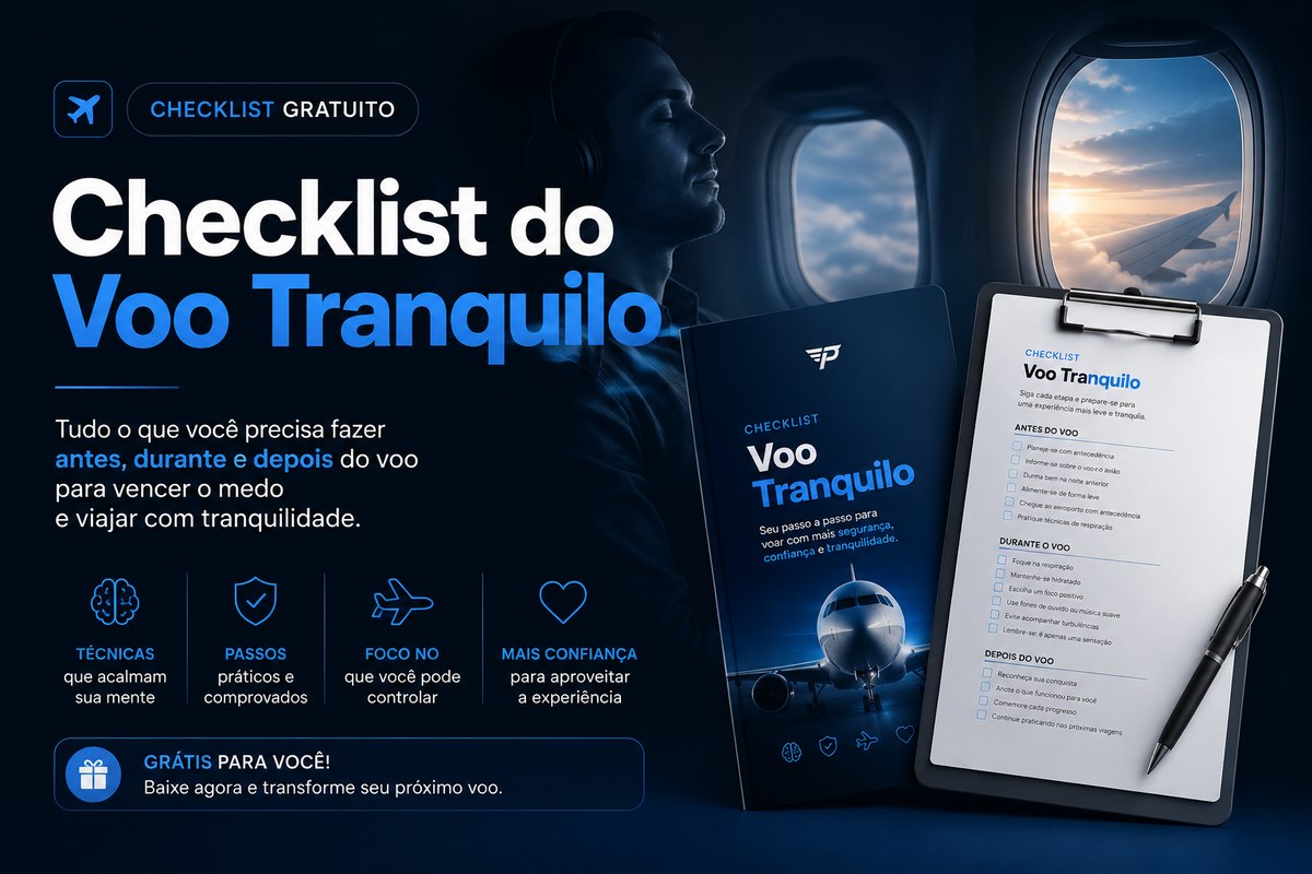 Checklist do Voo Tranquilo — grátis, o passo a passo completo para vencer o medo de voar, do embarque ao pouso
