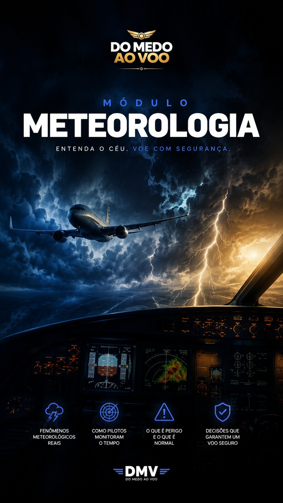 Módulo Meteorologia sem Mistério — avião voando em meio a tempestade com raios