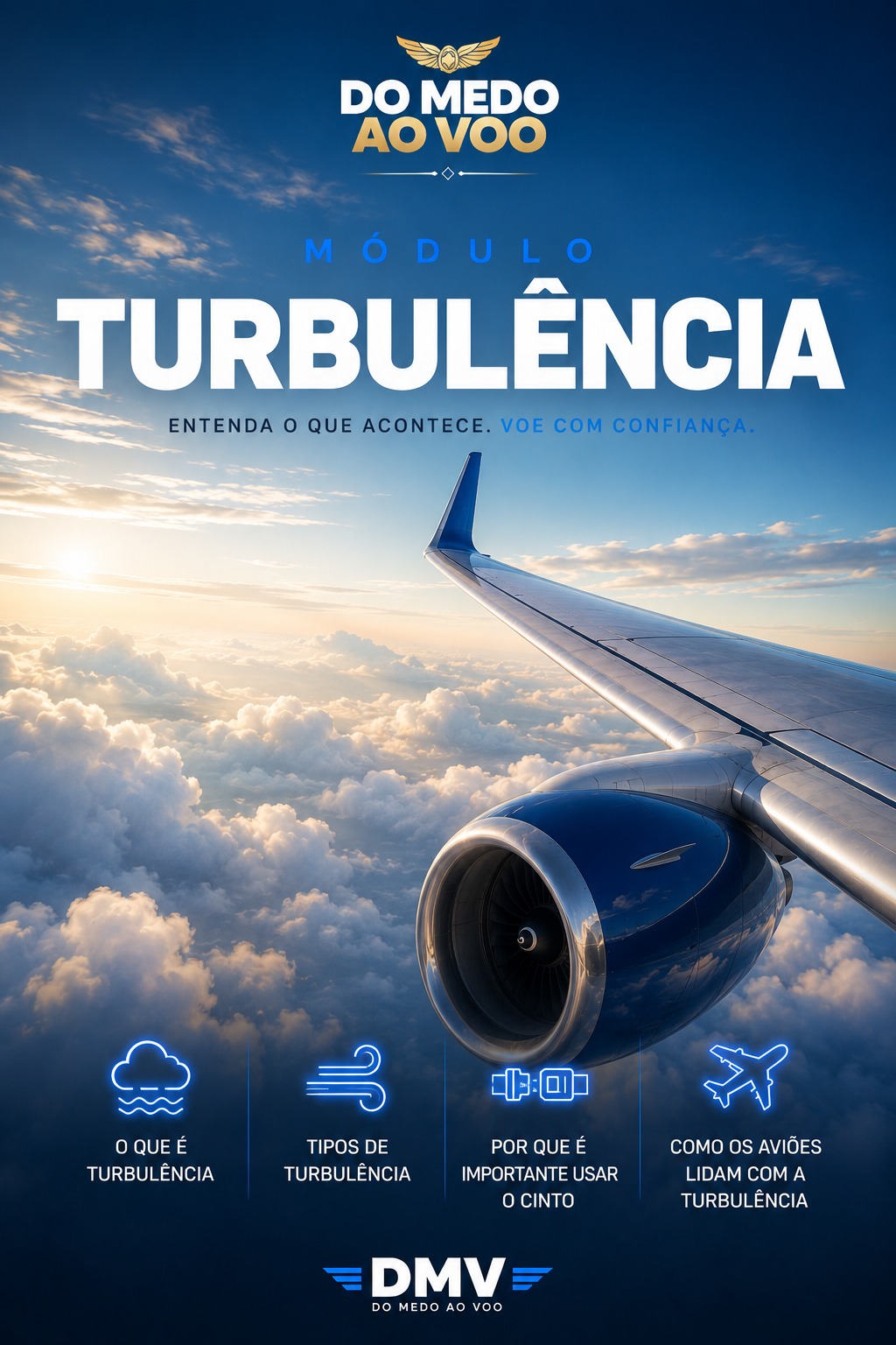 Módulo Turbulência Explicada — asa e motor do avião sobre as nuvens