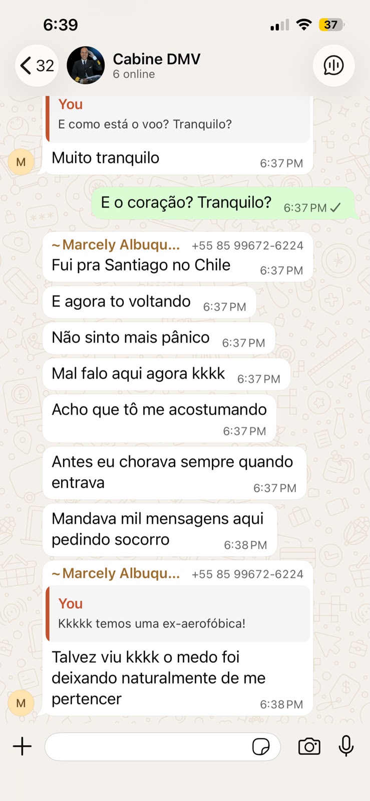 Print de WhatsApp de Marcely Albuquerque dizendo que não sente mais pânico