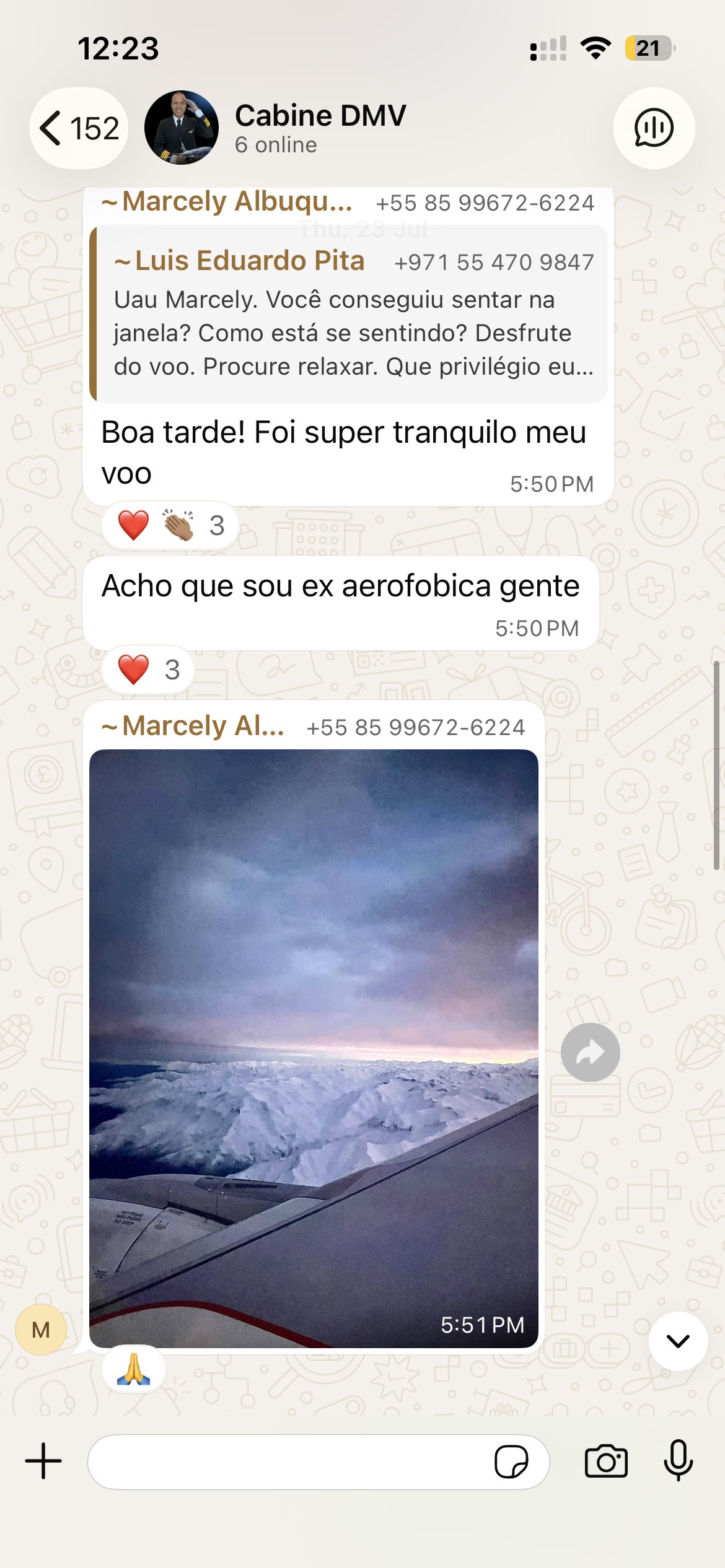Print de WhatsApp de Marcely Albuquerque dizendo que o voo foi super tranquilo