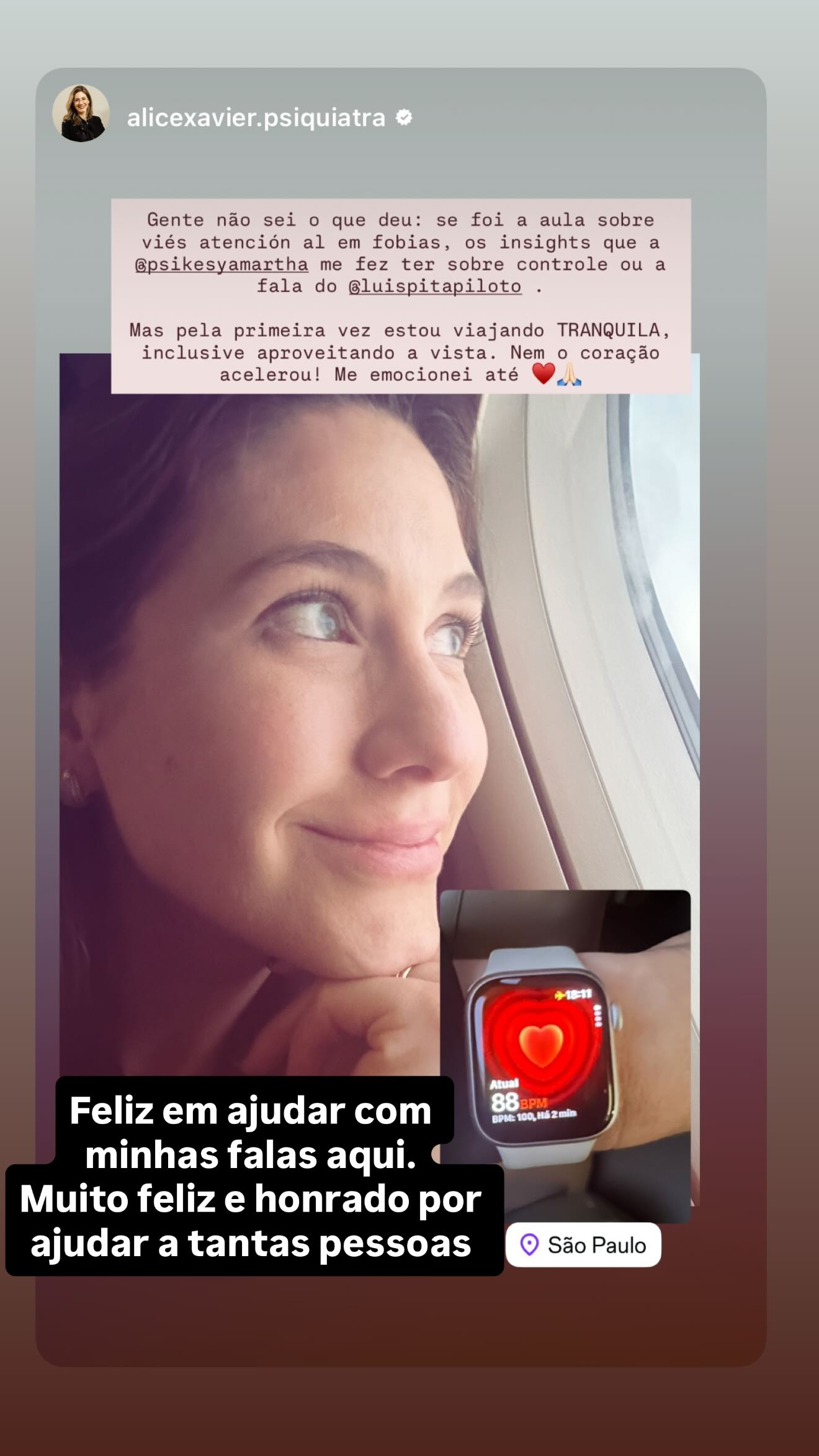 Story do Instagram de Alice Xavier, psiquiatra, relatando voo tranquilo com frequência cardíaca de 88 bpm
